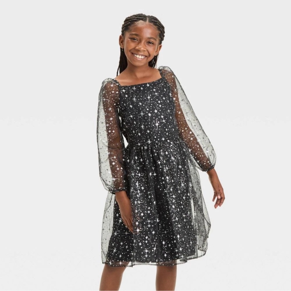 FAO Schwarz Girls Star Metallic Mesh Dress - Black, M